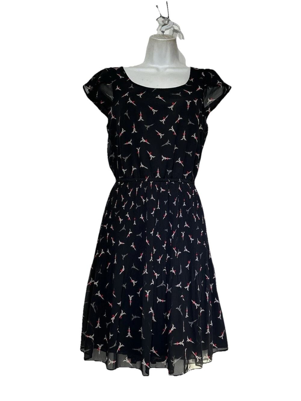 Elle Dress Women's Sz M Paris France Eiffel Tower Pleated Black Red Sheer Lined